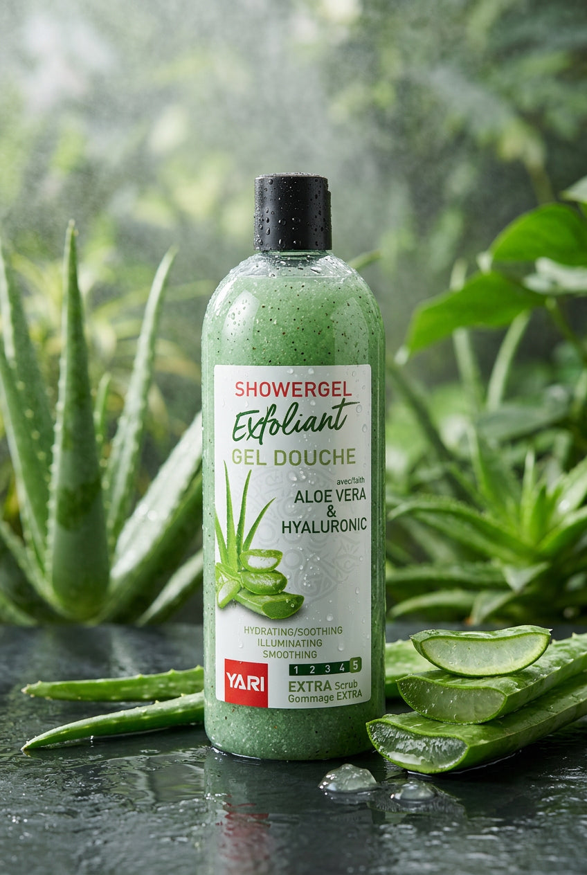 🌿 Gel Douche Exfoliant Aloe Vera & Acide Hyaluronique – Peau Douce et Hydratée