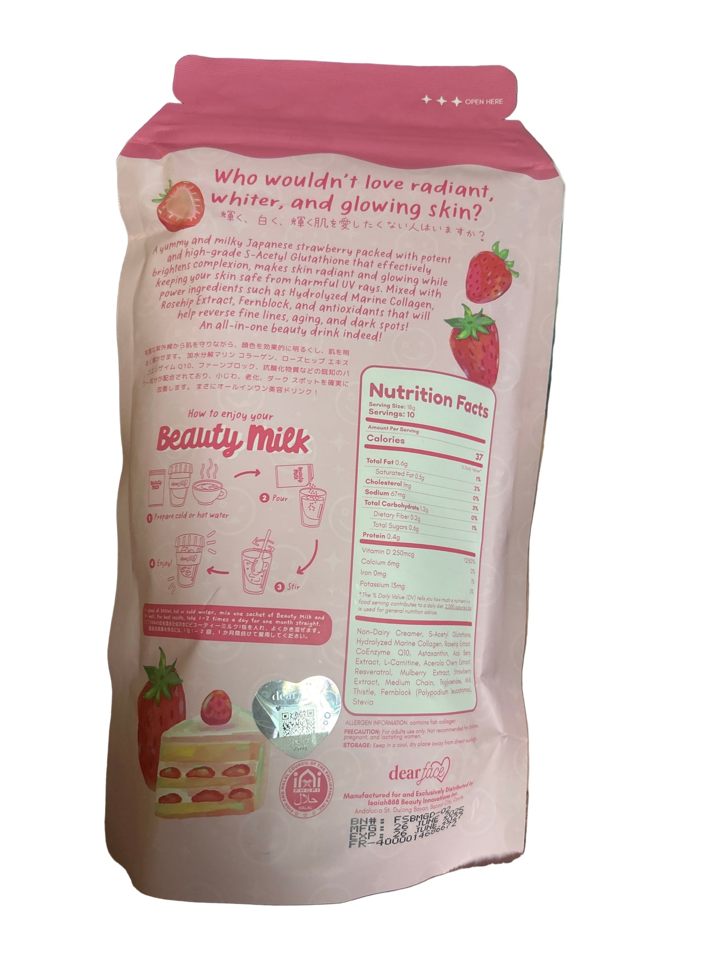 đ„ Beauty Milk â Boisson Ăclat Fraise du Japon (Dear Face)